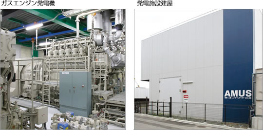 [画像]左：ガスエンジン発電機 右：発電施設建屋